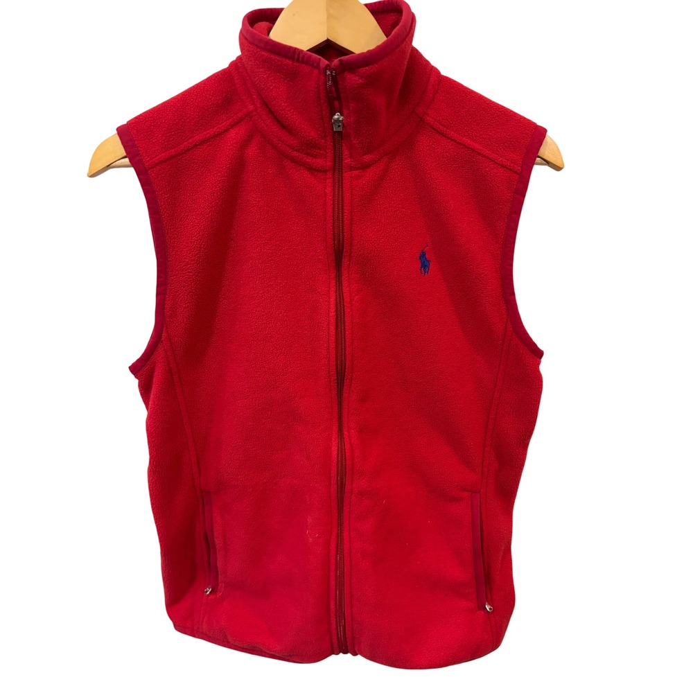 Polo Golf Ralph Lauren Mens Red Full Zip Fleece Vest Mock Neck Blue Pony Logo M